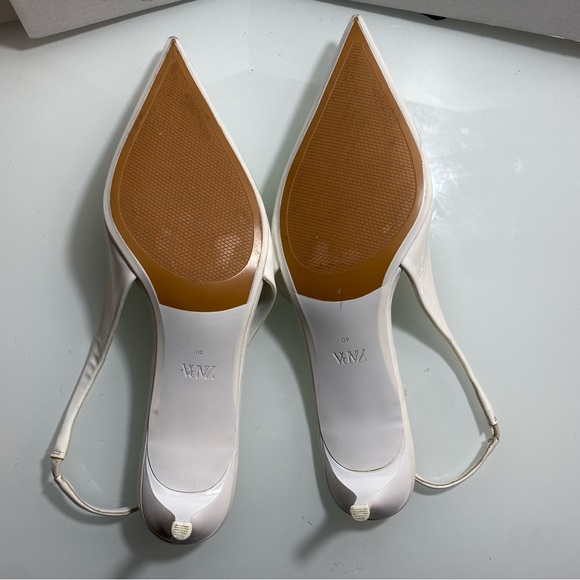 Zara White Slingback low Heels Pointed Toe Faux Patent leather EU40 US9M - Picture 9 of 11